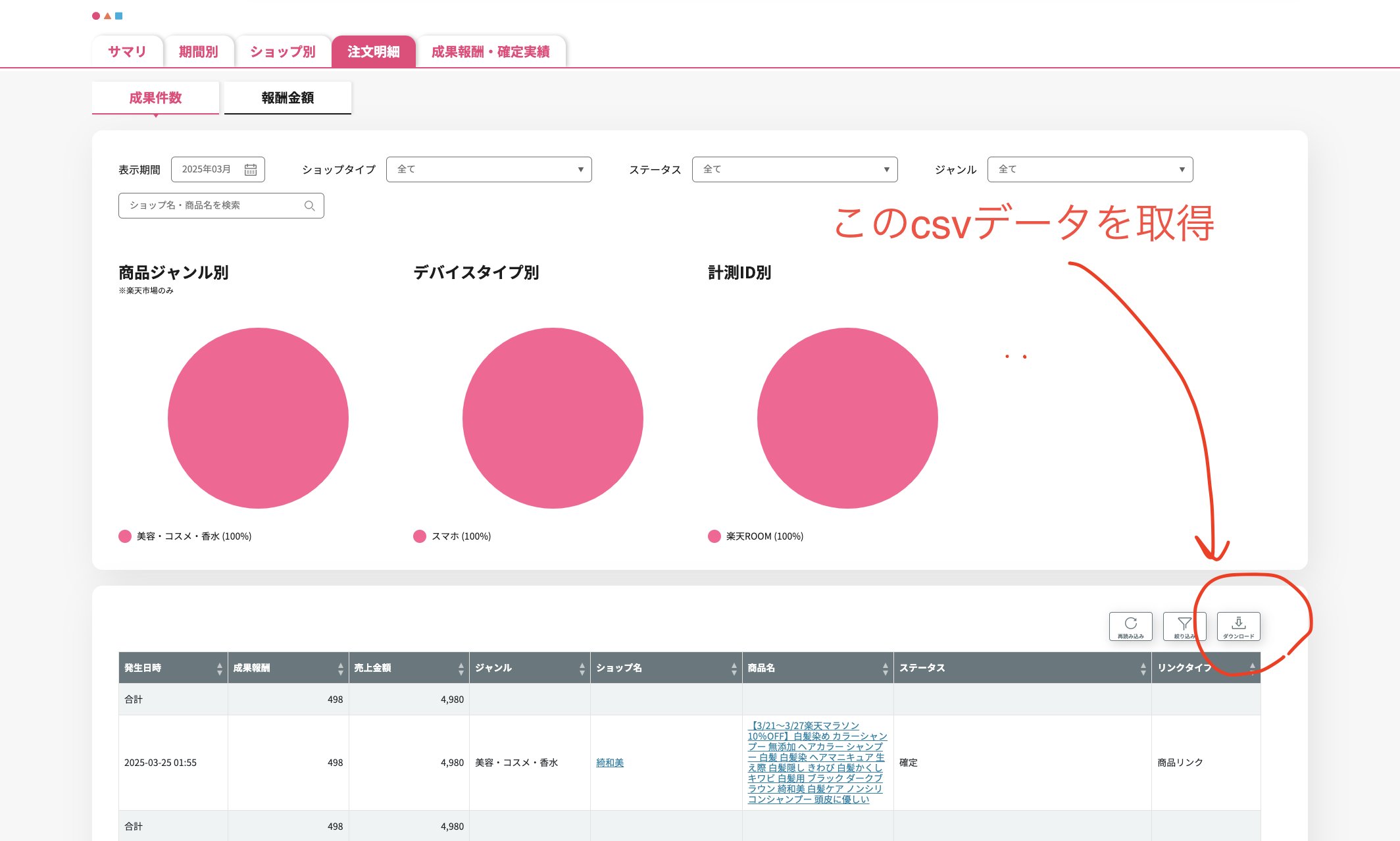 楽天アフィリエイト管理画面